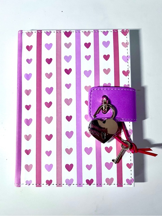 dayna lee Other - Notebook Journal Diary with Heart Lock & Key Pink Hearts & Stripes on White.